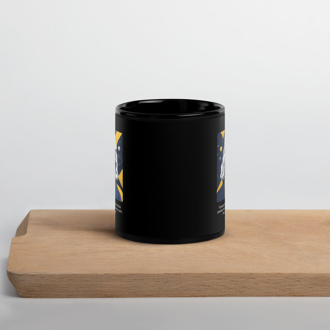 Black Glossy Mug: "Gravity explains the motions of the planets, but it cannot explain who sets the planets in motion." (Newton) - LeadershipQuotes.com