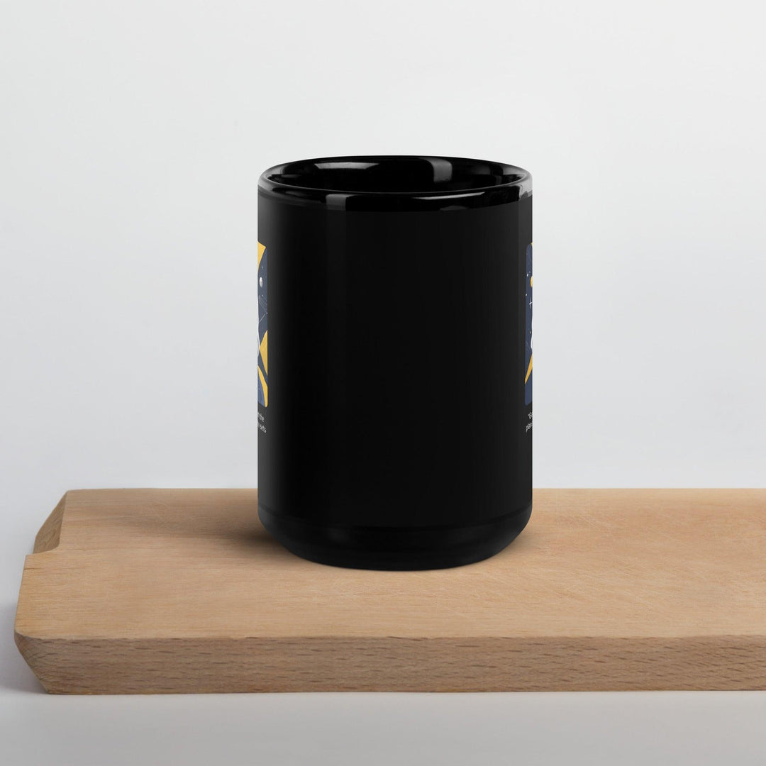 Black Glossy Mug: "Gravity explains the motions of the planets, but it cannot explain who sets the planets in motion." (Newton) - LeadershipQuotes.com